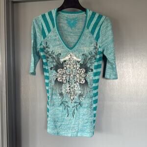 Cowgirl Legend Women's Pullover Short Sleeve V-Neck Top Metallic Bling sz L